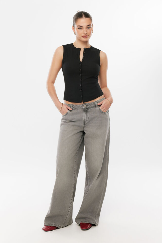 Lexy Rib Button Through Tank, BLACK