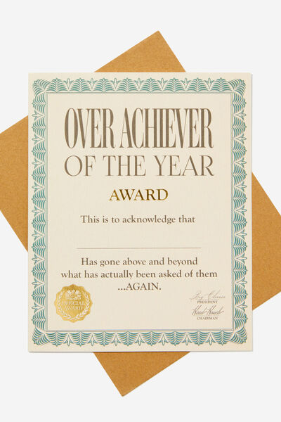 Premium Funny Birthday Card, AWARD OVER ACHIEVER OF THE YEAR