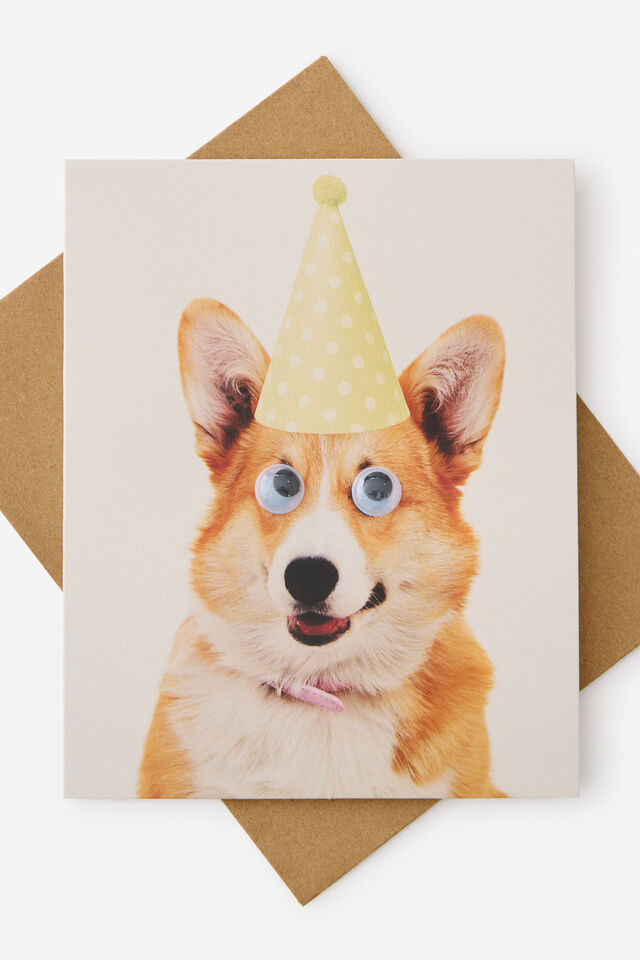 Premium Funny Birthday Card 2.0, CORGI PARTY HAT GOOGLY EYES