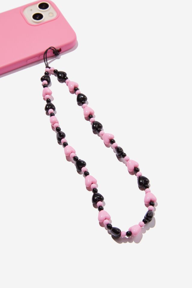 Carried Away Phone Charm Strap, PINK & BLACK HEARTS