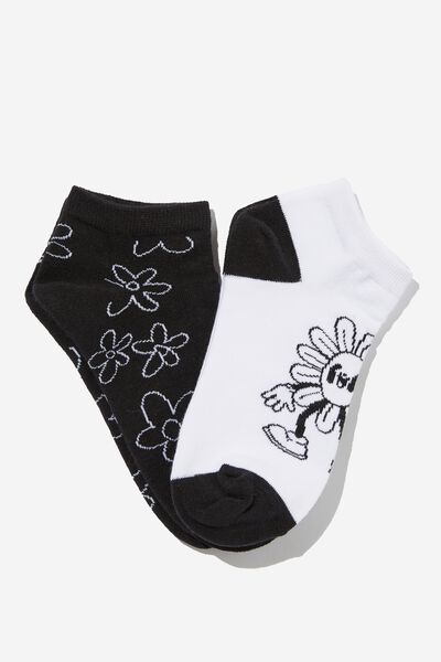 2 Pk Of Ankle Socks, KEYLINE DAISY LARGE BLACK (S/M)