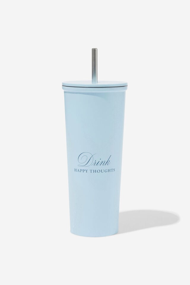 Metal Smoothie Cup, DRINK HAPPY THOUGHTS BLUE