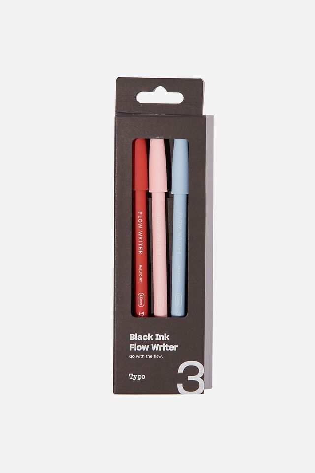 Black Ink Flow Writer Pen 3Pk, RED, PINK & ARCTIC BLUE