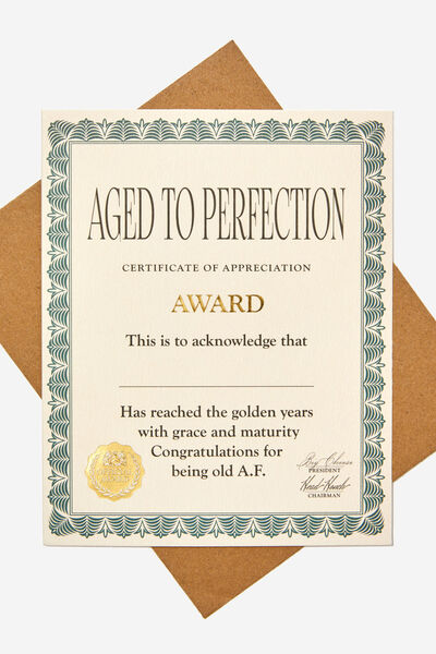 Premium Funny Birthday Card, AWARD AGED TO PERFECTION