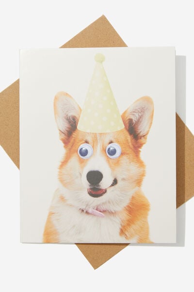 Premium Funny Birthday Card, CORGI PARTY HAT GOOGLY EYES