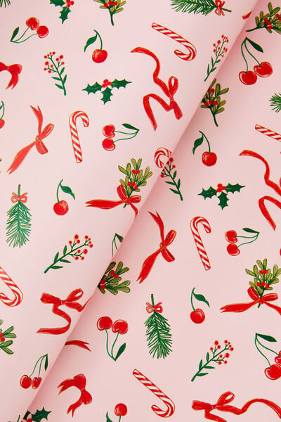 30M Christmas Wrapping Paper Roll, CHRISTMAS CHERRIES RIBBON FOLIAGE