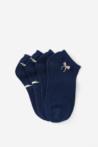 2 Pk Of Ankle Socks, BOWS NAVY (S/M)