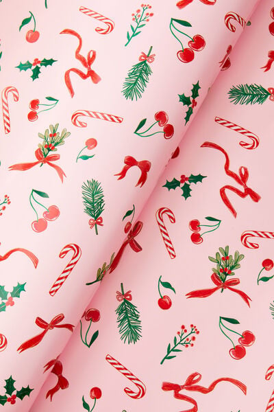 Christmas Wrapping Paper Roll, CHRISTMAS CHERRIES RIBBON FOLIAGE