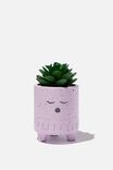 Tiny Planter With Plant, LILAC SPECKLE SLEEPY FACE