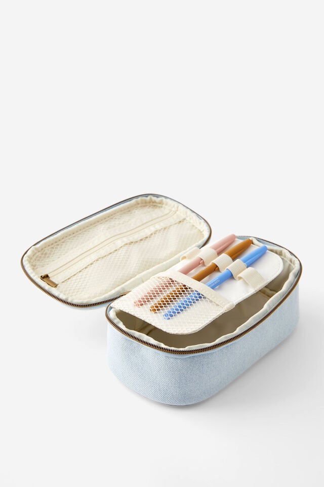 Arlow Pencil Case, BORDER FLORAL DENIM ECRU