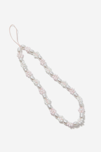 Carried Away Phone Charm Strap, PINK FLORAL PEARLS