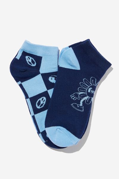 2 Pk Of Ankle Socks, ARGYLE ICONS BLUE (M/L)