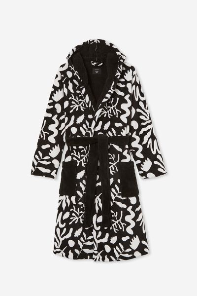 Hooded Robe, ABSTRACT FOLIAGE BLACK WHITE
