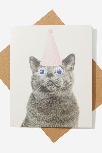 Premium Funny Birthday Card, CAT PARTY HAT GOOGLY EYES