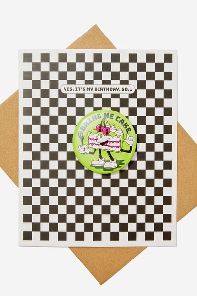 Premium Badge Card, BRING ME CAKE BLACK/WHITE CHECKERBOARD