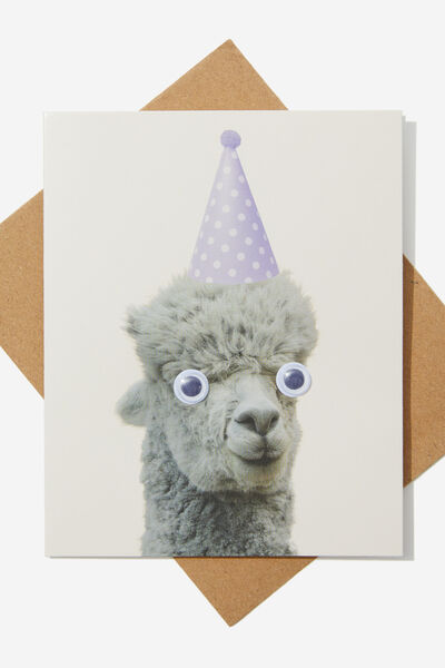 Premium Funny Birthday Card, ALPACA PARTY HAT GOOGLY EYES