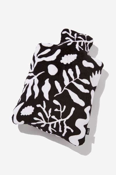 Plush Hot Water Bottle Cover, ABSTRACT FOLIAGE BLACK AND WHITE