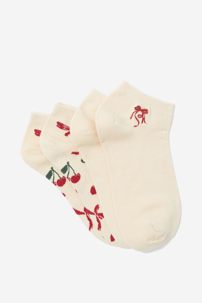 2 Pk Of Ankle Socks, CHERRIES AND BOWS (S/M)