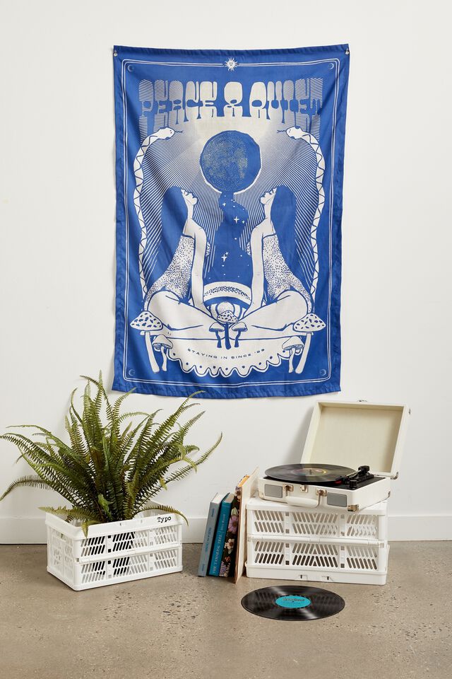 Fabric Wall Hanging, PEACE AND QUIET VIBES BLUE