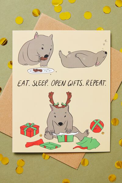 Christmas Card 2022, RG AUS EAT SLEEP GIFTS REPEAT WOMBAT