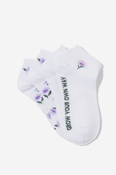 2 Pk Of Ankle Socks, GROW YOUR OWN WAY WHITE (S/M)