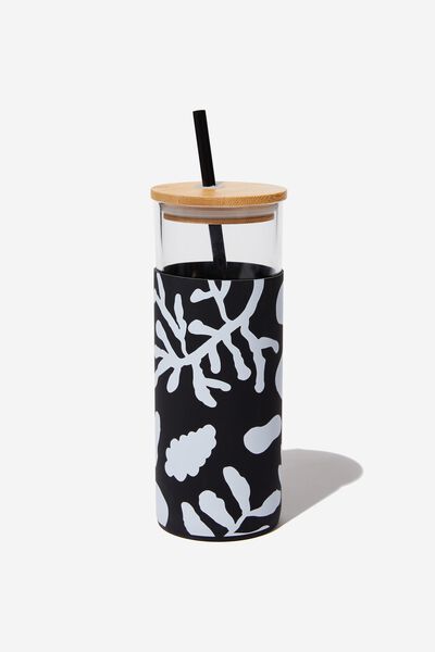 See Me Through Glass Smoothie Cup, ABSTRACT FOLIAGE BLACK WHITE