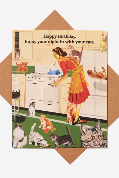 Funny Birthday Card, HAPPY BDAY NIGHT IN WITH CATS