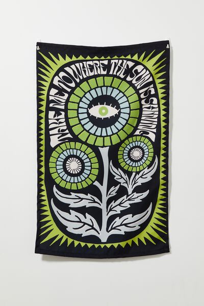 Canvas Wall Hanging, SUN IS SHINING FLOWERS BLACK GREEN