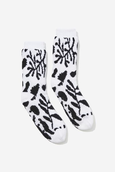 Slounge Around Slipper Sock, ABSTRACT FOLIAGE BLACK WHITE