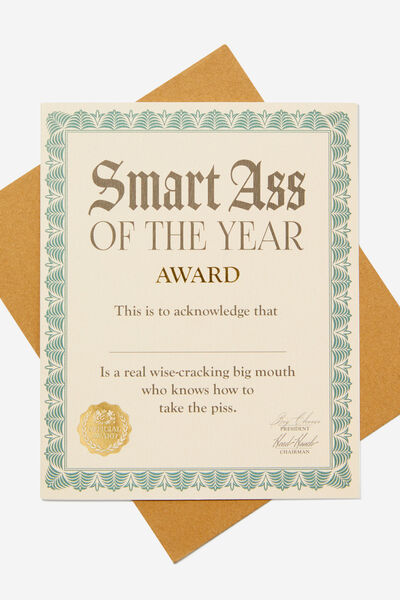 Premium Funny Birthday Card, AWARD SMART ASS OF THE YEAR!