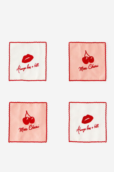 Linen Coasters Set Of 4, CHERRY KISS