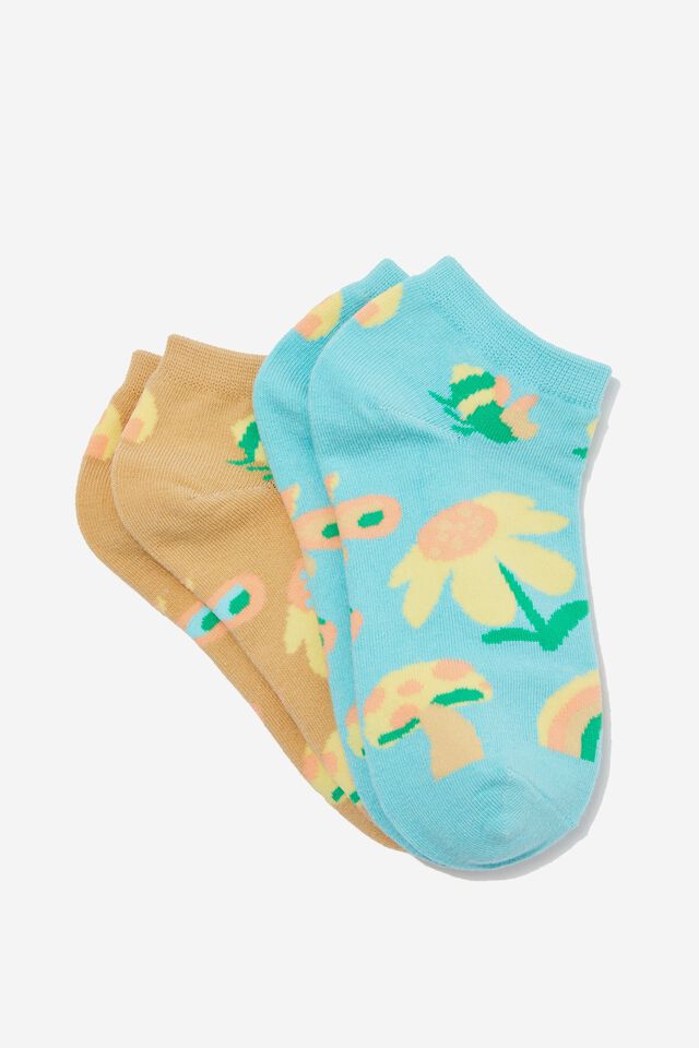 2 Pk Of Ankle Socks, FLORAL AND FAUNA (S/M)