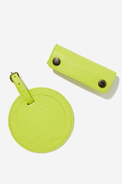 Off The Grid Luggage Tag & Handle Cover Set, LIME JUNGLE GREEN TEXTURED