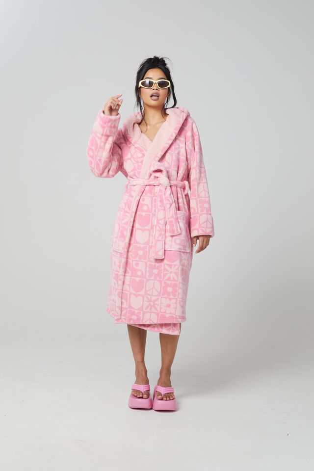 Hooded Robe, POWDER PINK PEACE HEART ICONS