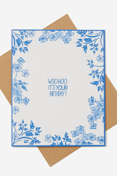 Funny Birthday Card, WOOHOO IT S YOUR BDAY BLUE & WHITE FLORAL