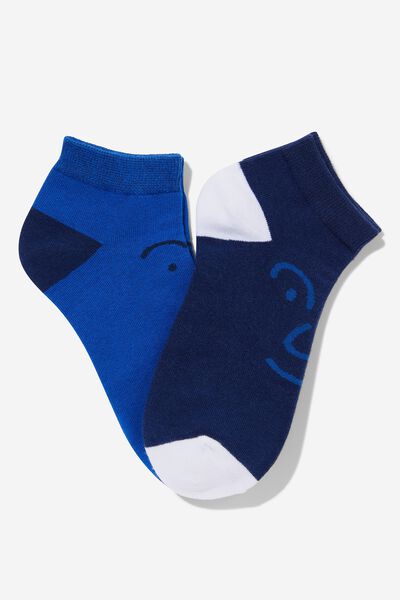 2 Pk Of Ankle Socks, FACE BLOCK BLUE (M/L)