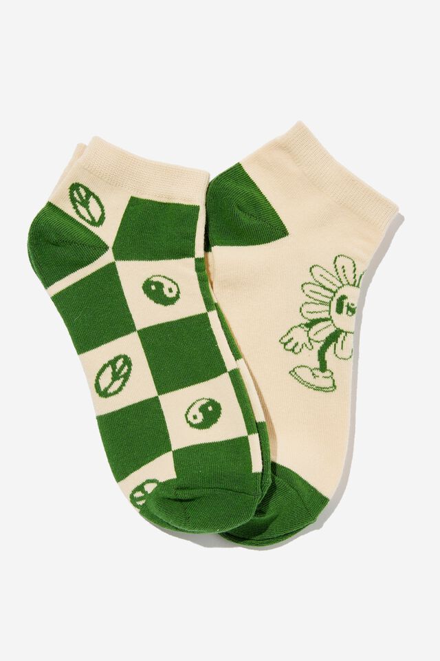 2 Pk Of Ankle Socks, ARGYLE ICONS GREEN (M/L)