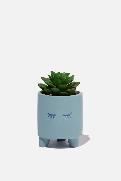 Tiny Planter With Plant, DUSTY BLUE EYES CLOSED