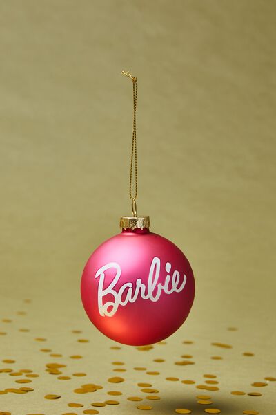 Small Glass Christmas Ornament, LCN MAT BARBIE PINK & WHITE BAUBLE