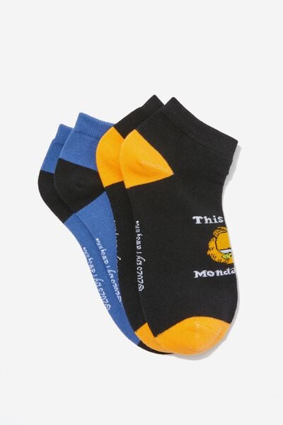 2 Pk Of Ankle Socks, LCN NIC GARFIELD MONDAY FRIDAY FACE (M/L)