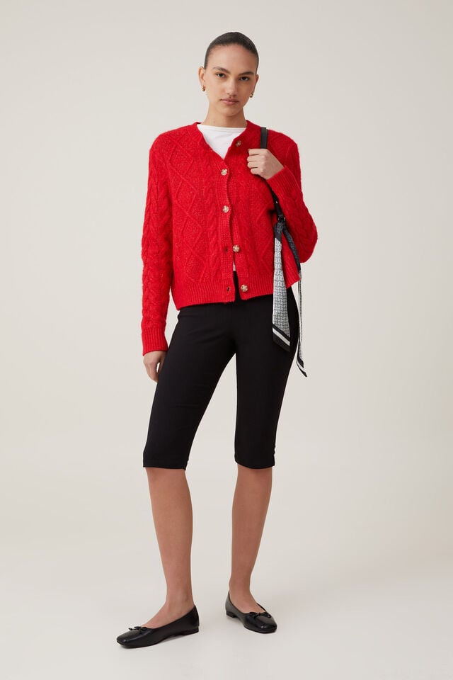 Luxe Cable Crew Cardigan, CHERRY ROUGE
