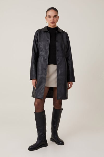 Kennedy Faux Leather Longline Jacket, BLACK