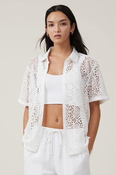 Floral Crochet Shirt, WHITE