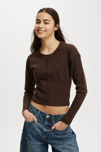 Everfine Round Neck Cardigan, DARK OAK