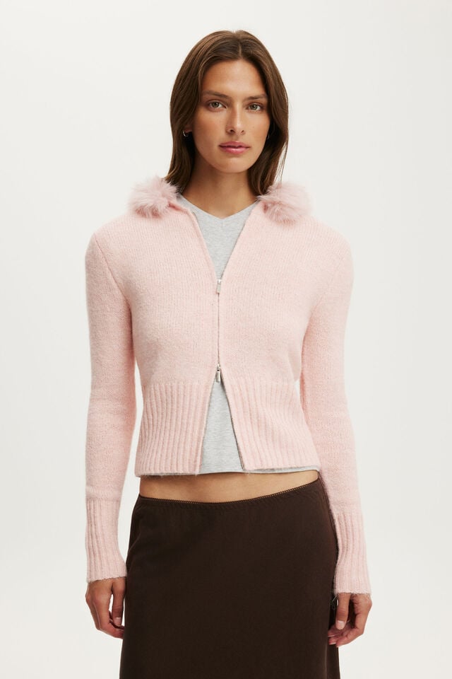 Fluffy Knit Zip Hoodie, SOFT PINK