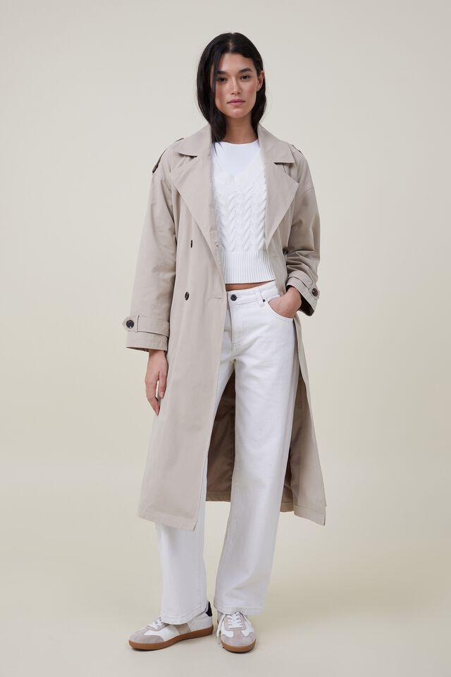 Drop Shoulder Trench Coat, MID TAUPE