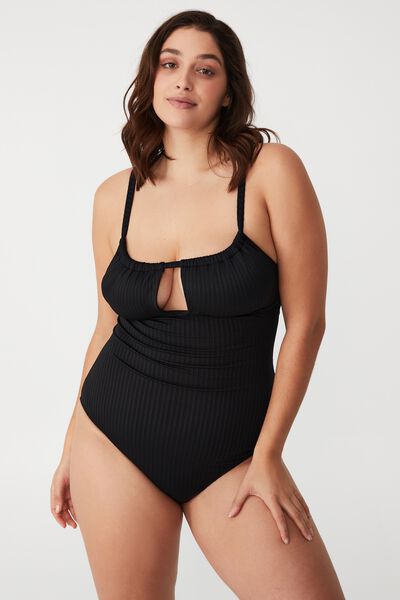 Curve Gathered Front One Piece, BLACK RIB