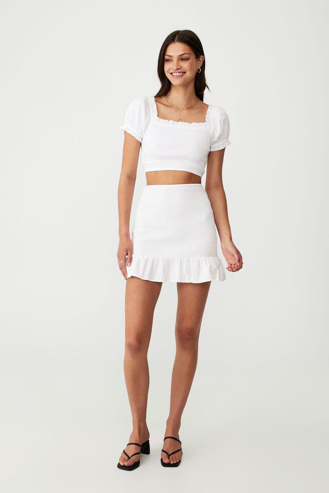 Sierra Shirred Mini Skirt, WHITE