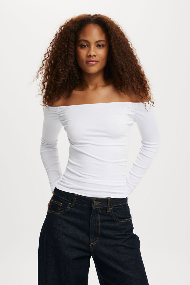Staple Rib Rouched Off The Shoulder Top, WHITE