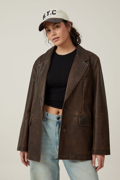 Hailey Faux Leather Blazer, WASHED BROWN